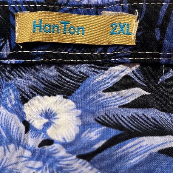 Vintage Han Ton blue palm trees aloha Hawaiian button camp shirt flowers XXL/2XL - Picture 4 of 13